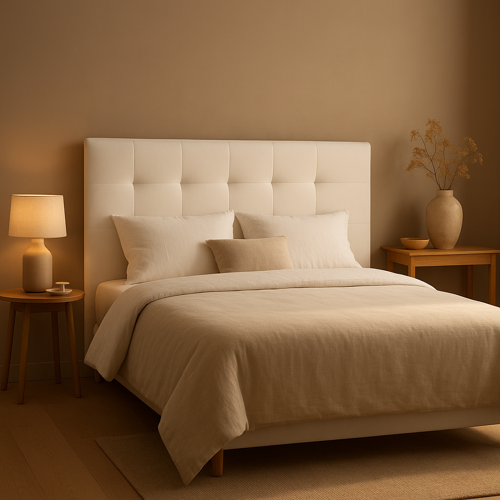 Tête de lit 160 cm blanche en tissu, design épuré pour une chambre moderne et cosy.