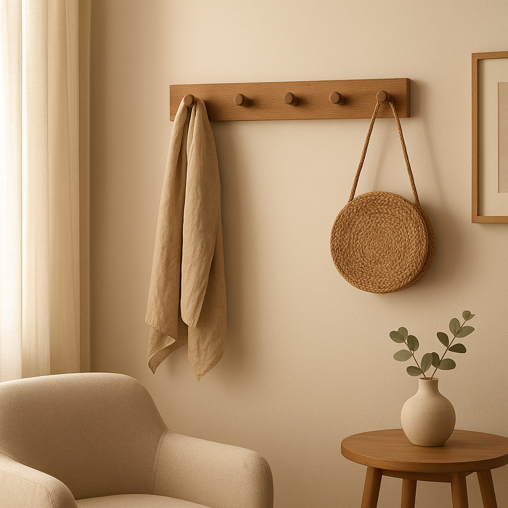 Patère murale en bois design pour vestiaire ou entrée, rangement élégant et naturel.