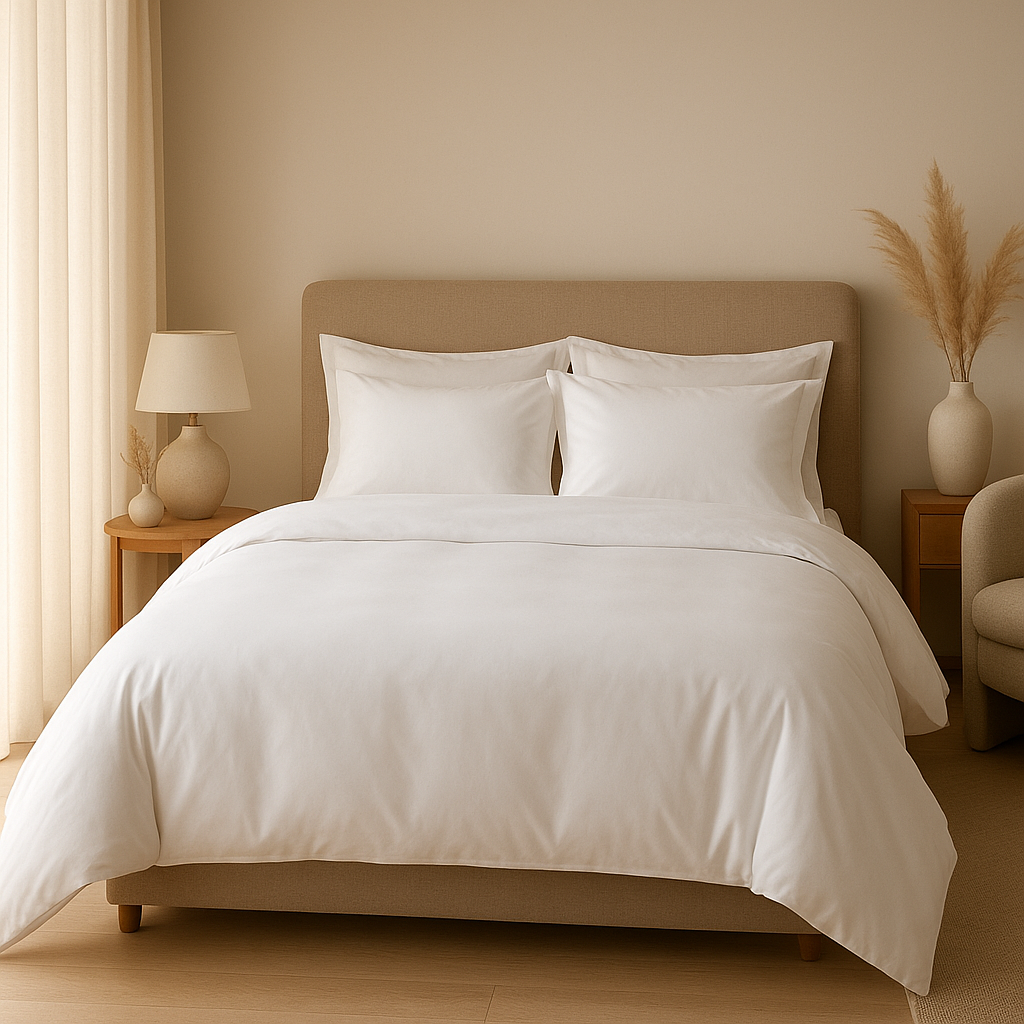 Parure de lit blanc en coton percale pour une chambre élégante et apaisante