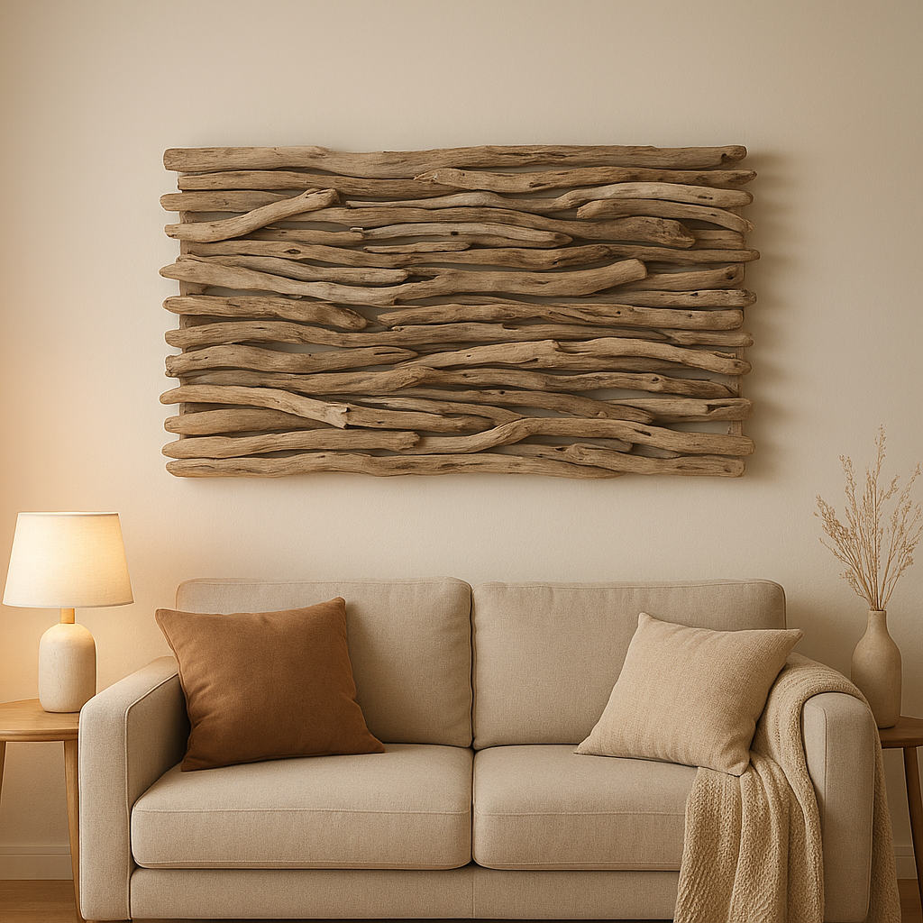 Décoration murale en bois flotté naturel, idéale pour un intérieur moderne et apaisant.