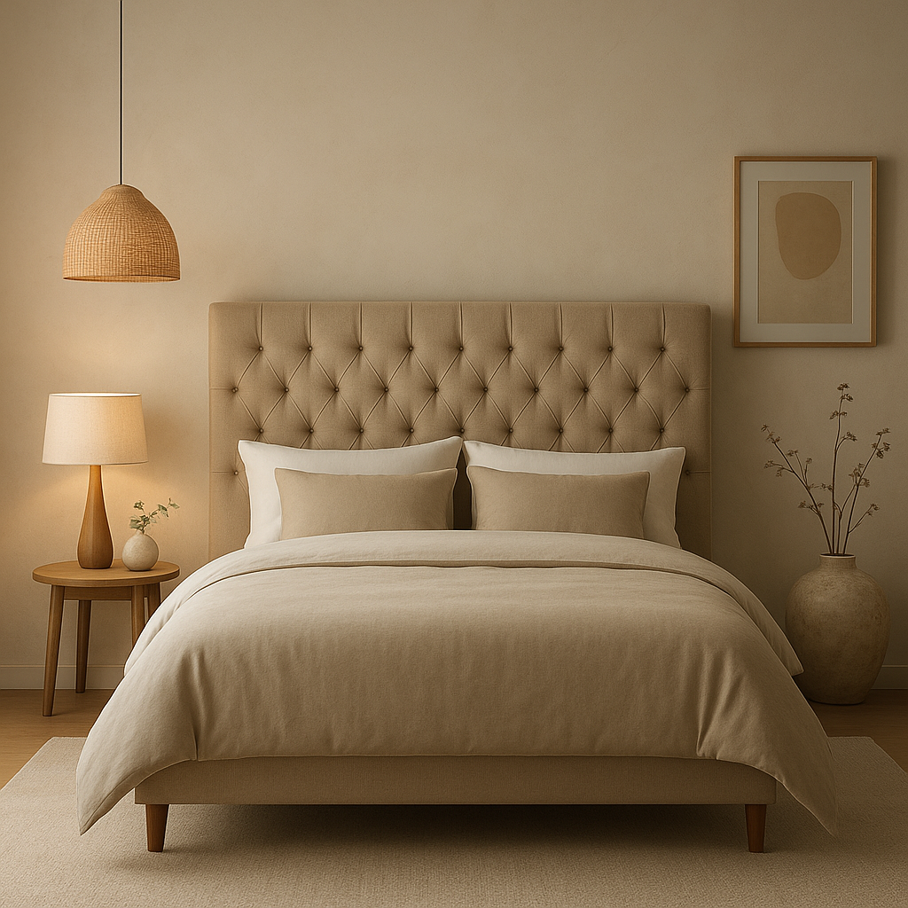 Tête de lit capitonnée en tissu gris, design moderne et confortable pour votre chambre à coucher.