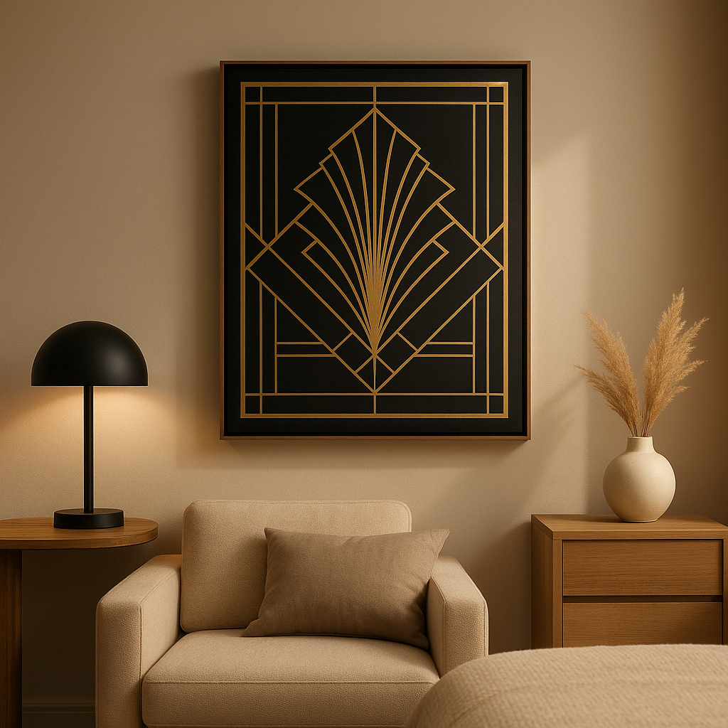 Tableau art déco aux motifs géométriques et dorures pour une décoration murale élégante