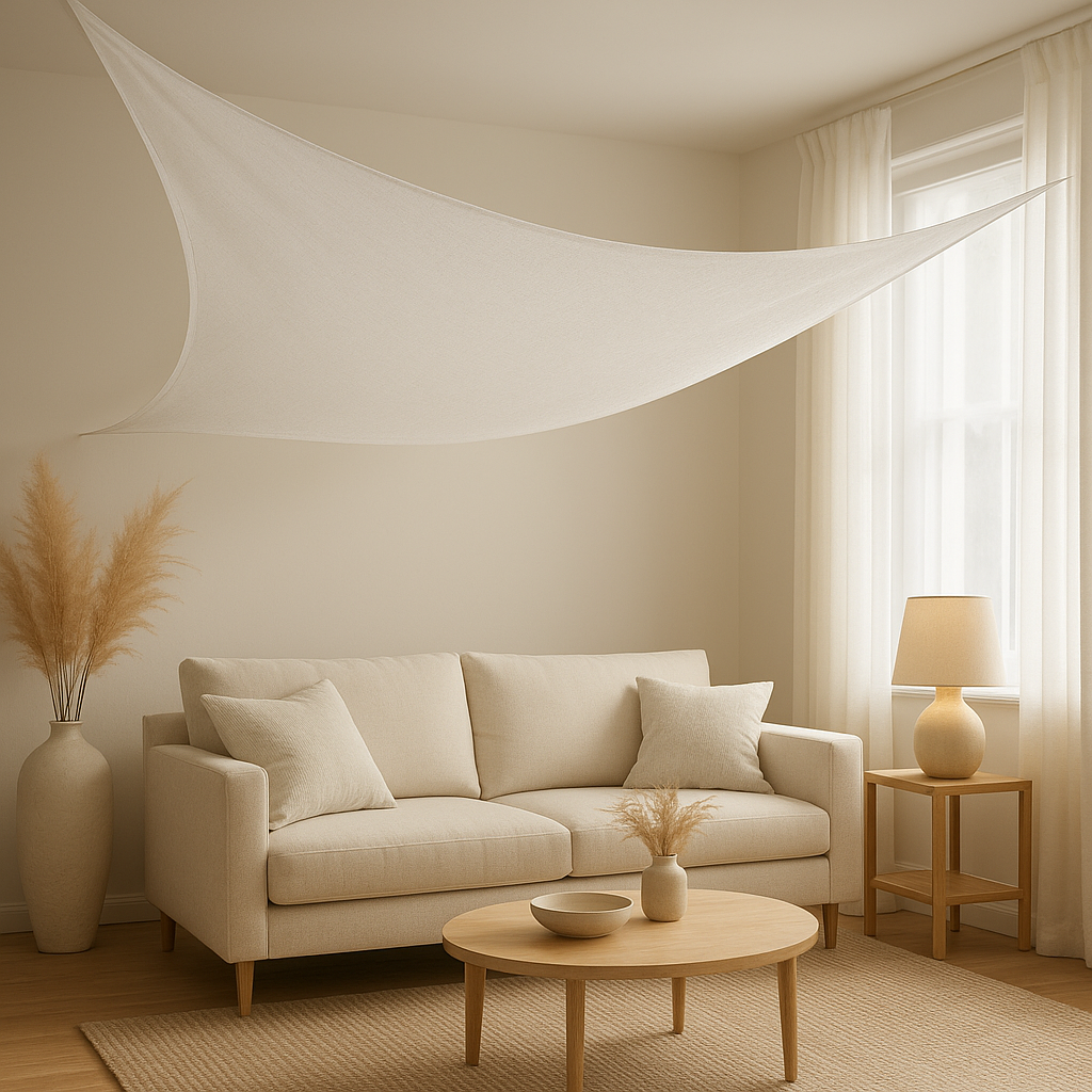 Voile d'ombrage blanc tendu pour une terrasse ombragée et protégée du soleil