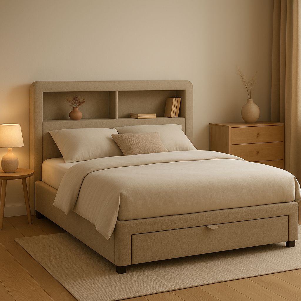 Tête de lit 160 cm avec rangement intégré, design moderne et fonctionnel pour chambre.