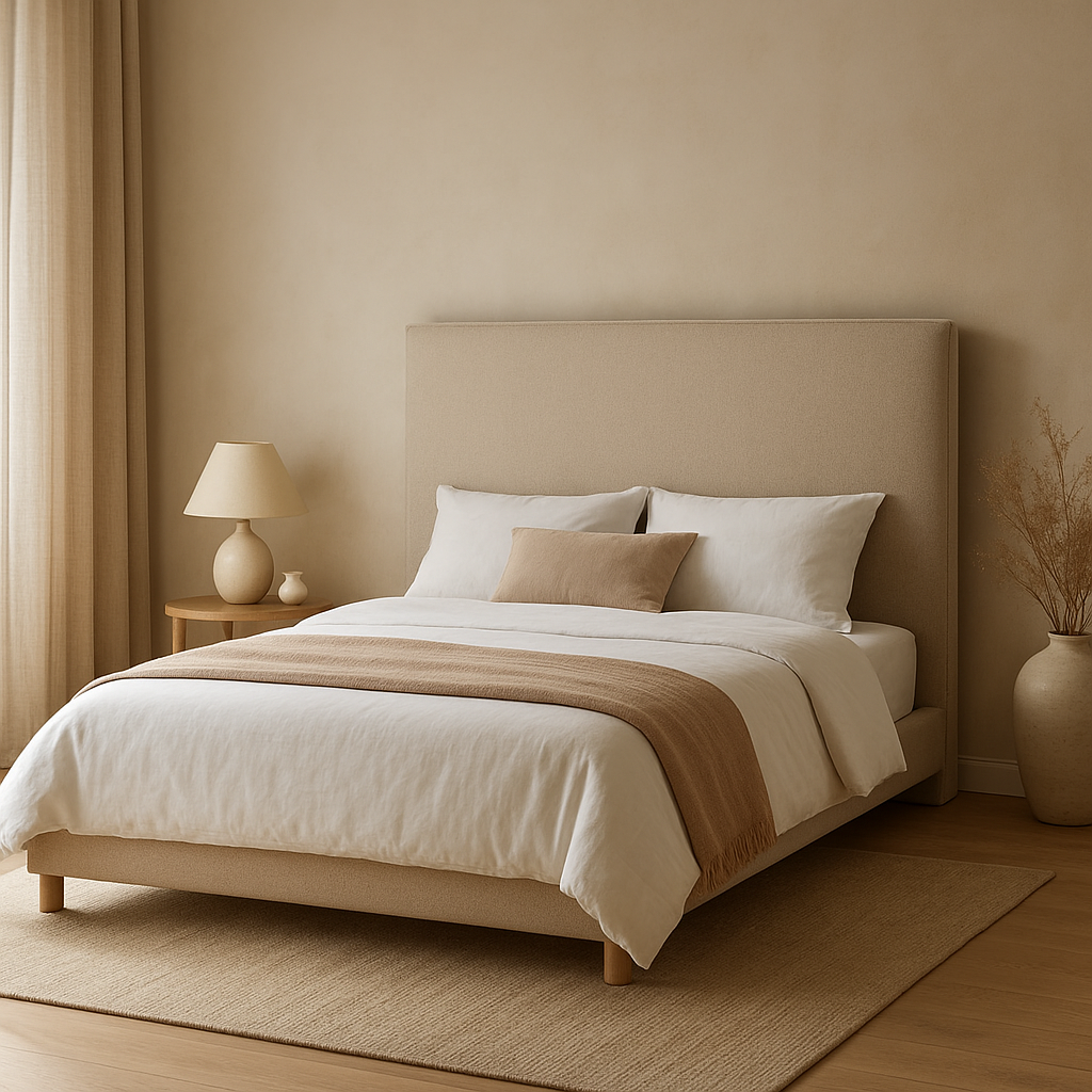 Tête de lit à poser au sol en tissu, design épuré pour une chambre moderne et cosy.