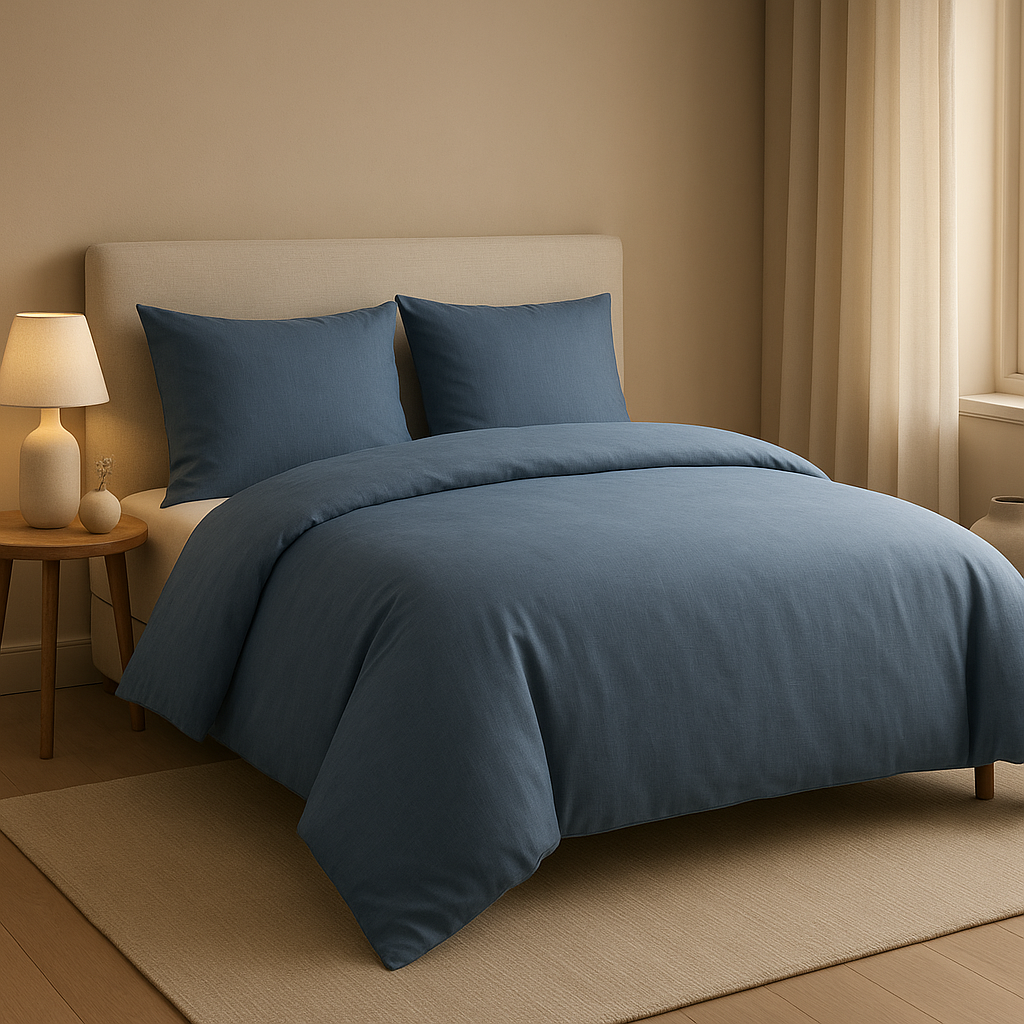 Parure de lit bleu ciel en coton percale, motif sobre et élégant pour une chambre apaisante.