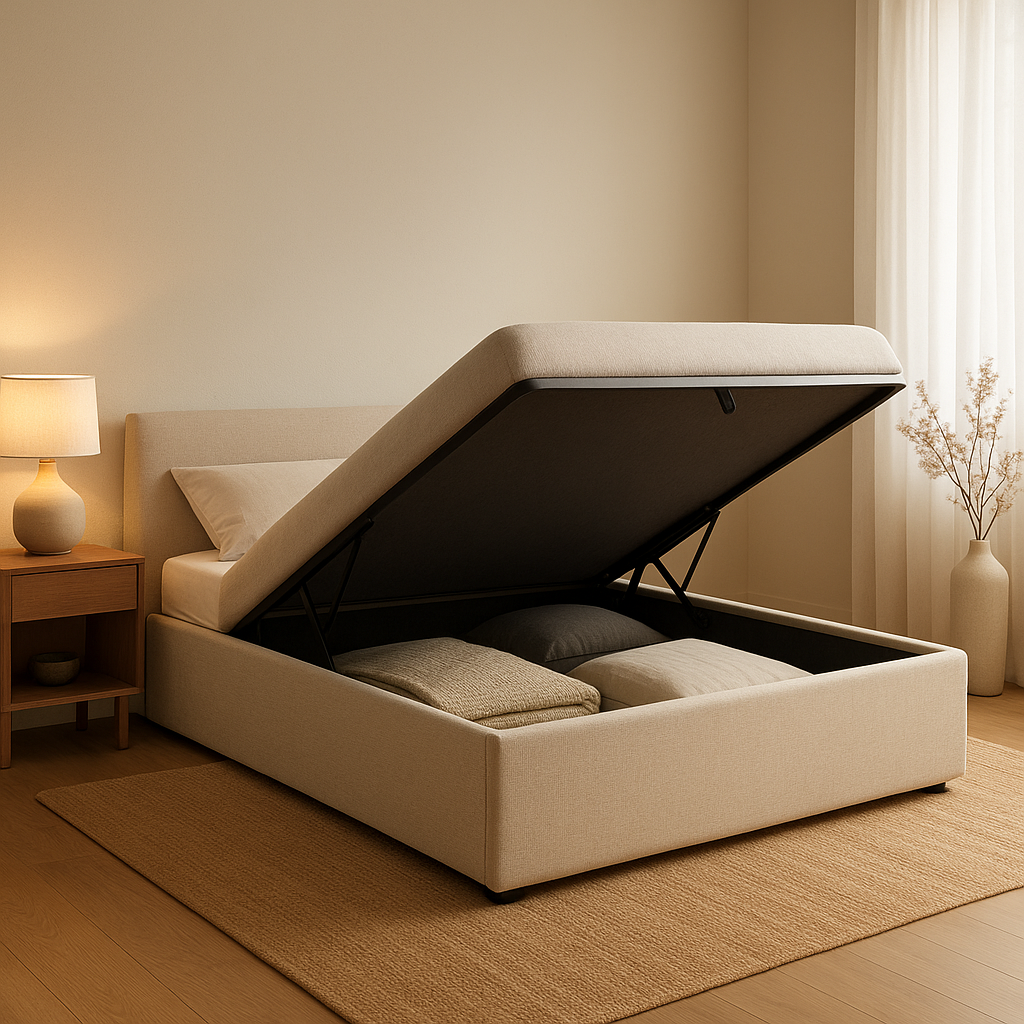 Lit coffre sans tête de lit en bois massif, gain de place et rangement intégré pour la chambre.