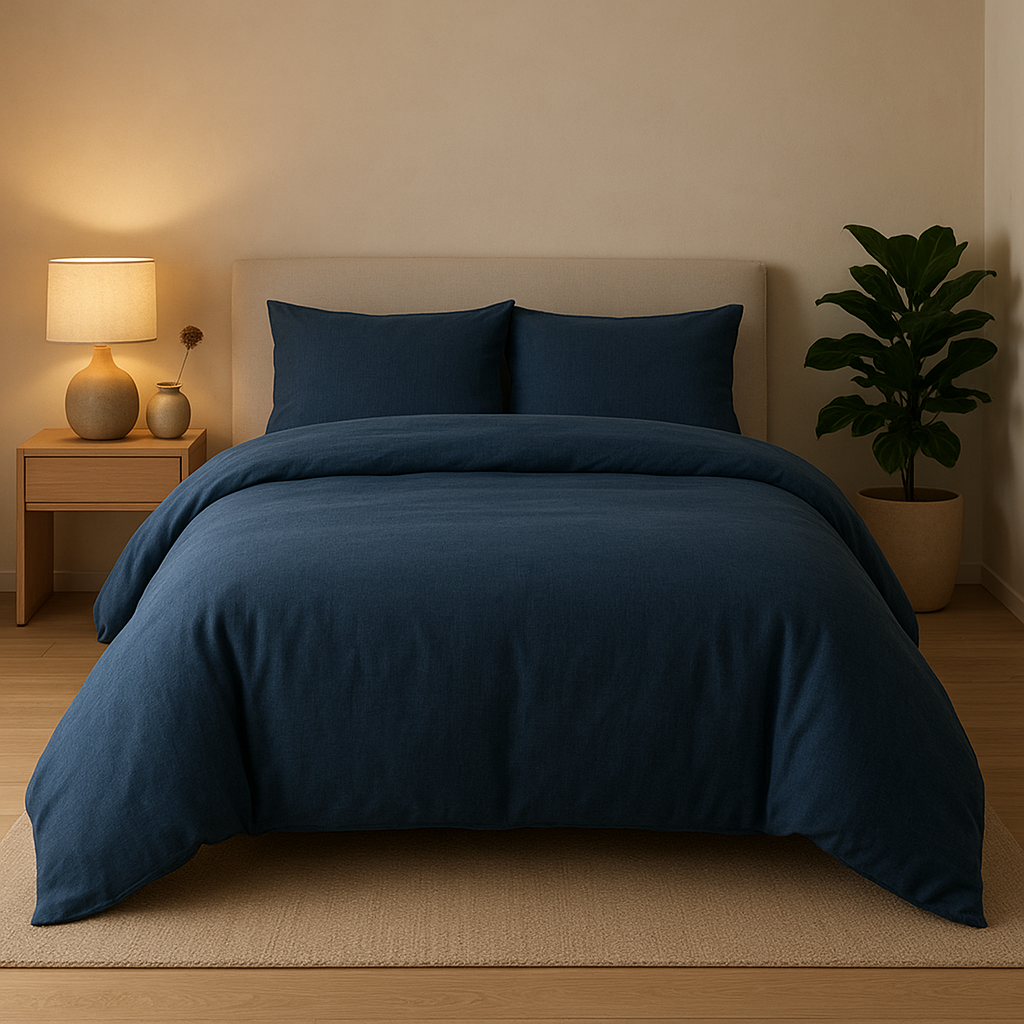 Housse de couette bleu ciel en coton percale pour une chambre paisible et élégante.