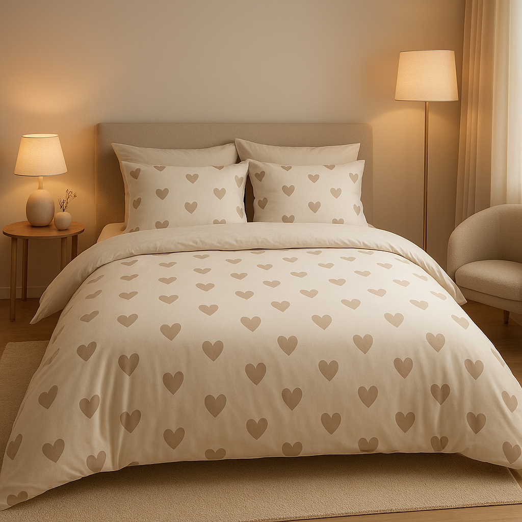 Housse de couette cœur en lin, motif romantique pour une chambre à coucher élégante et douce.
