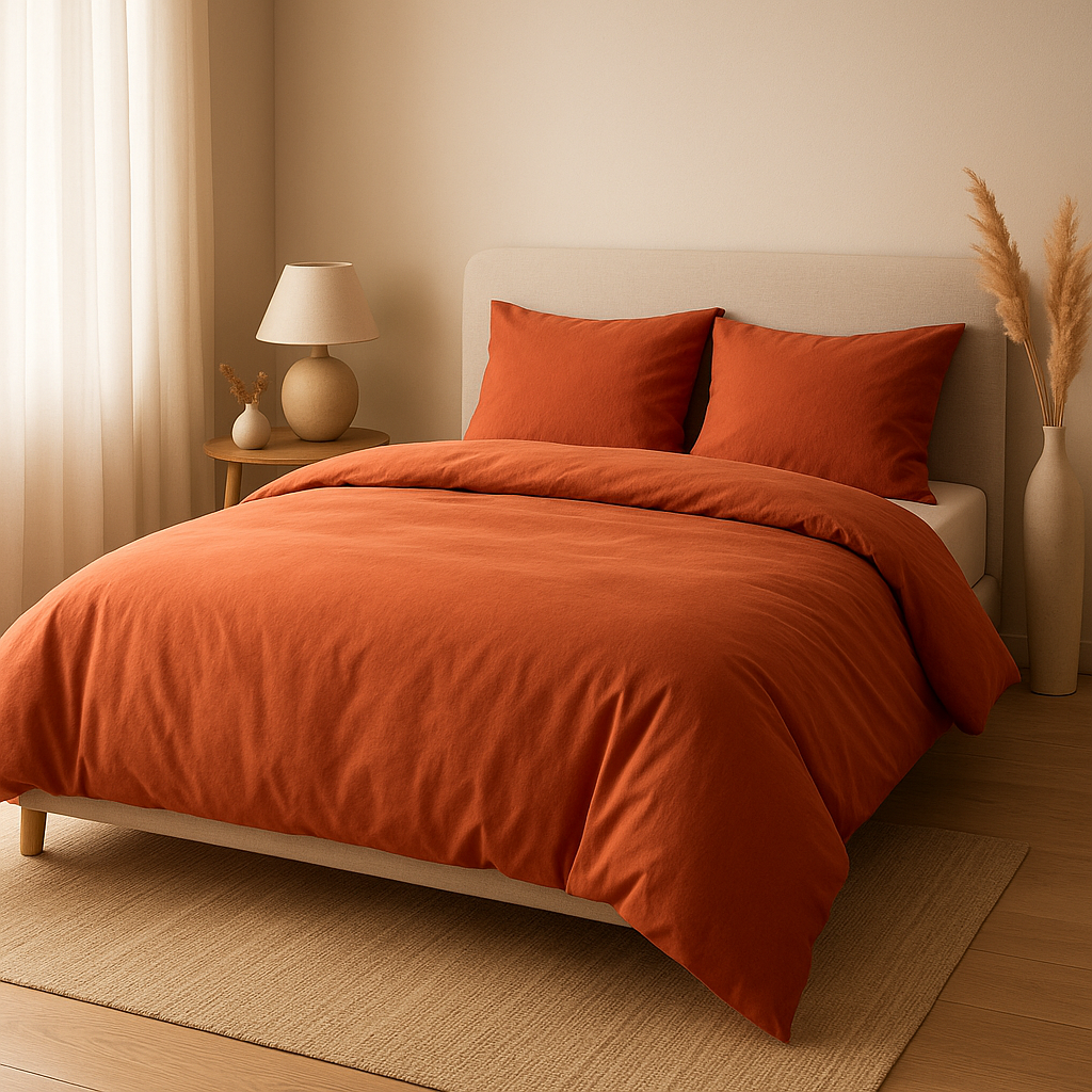 Housse de couette en lin terracotta, couleur terre cuite naturelle pour une chambre apaisante.