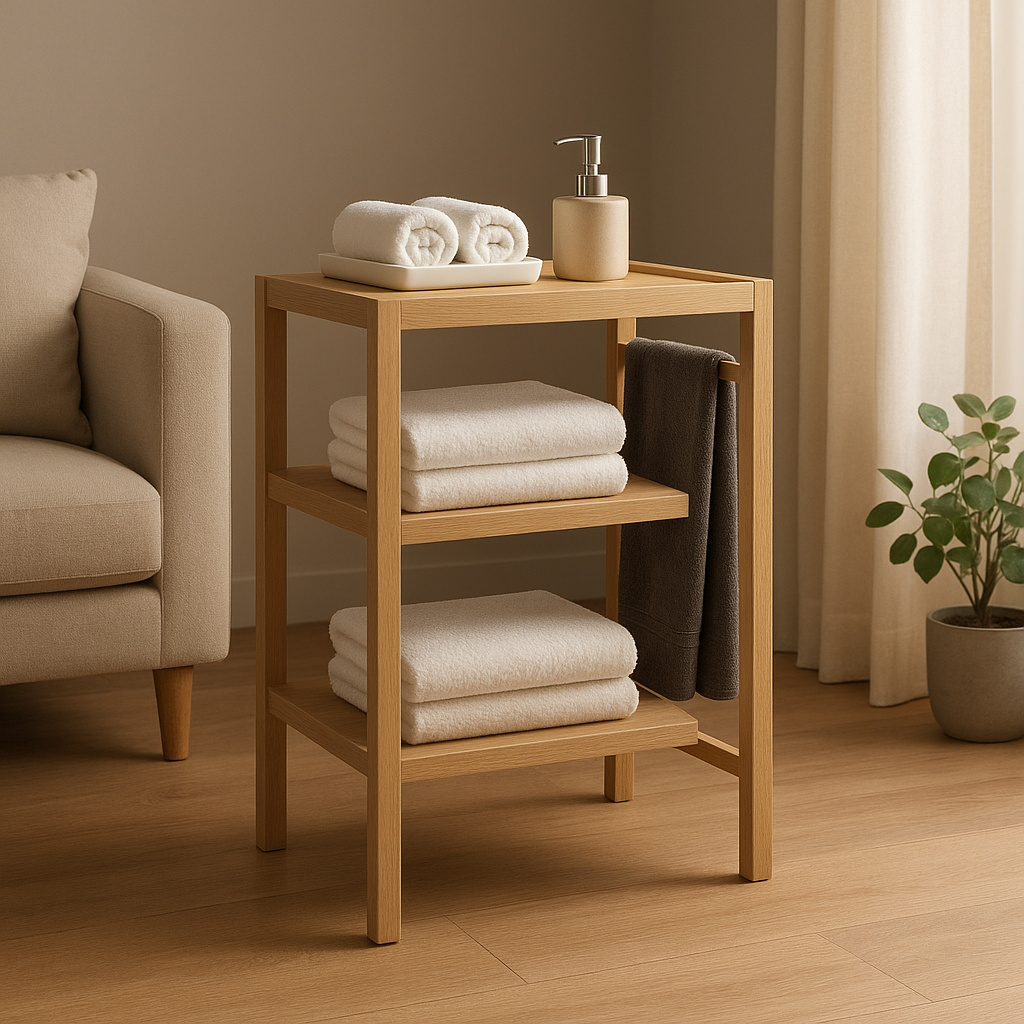 Meuble de salle de bain avec rangement spacieux pour serviettes et articles de toilette.