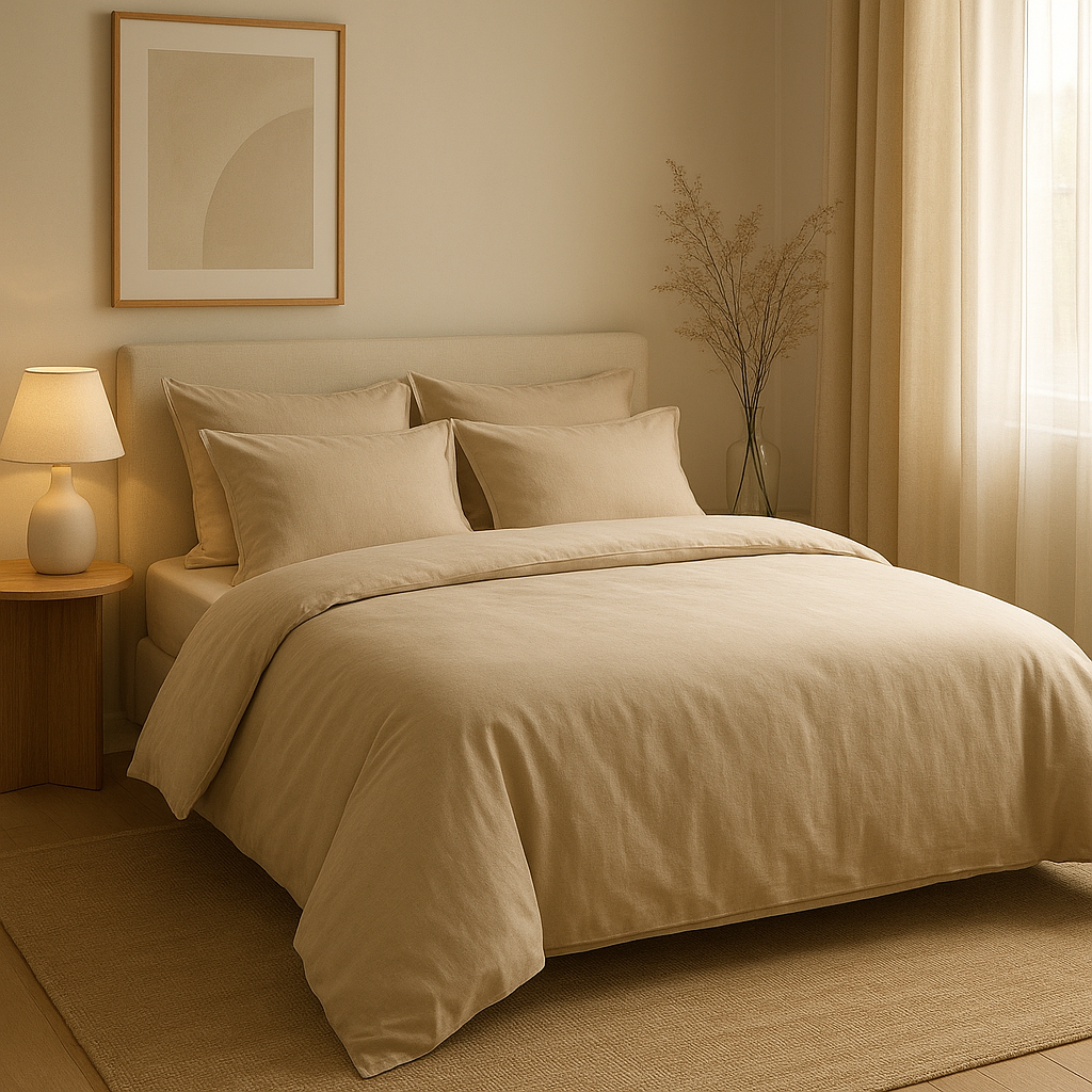 Parure de lit beige en coton percale, élégante et douce pour une chambre harmonieuse