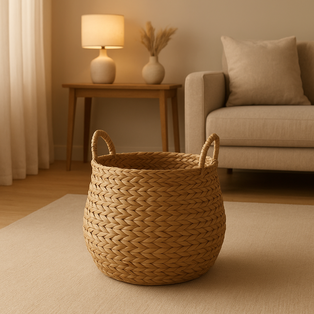 Panier tressé en osier naturel pour rangement déco, idéal pour l'intérieur.
