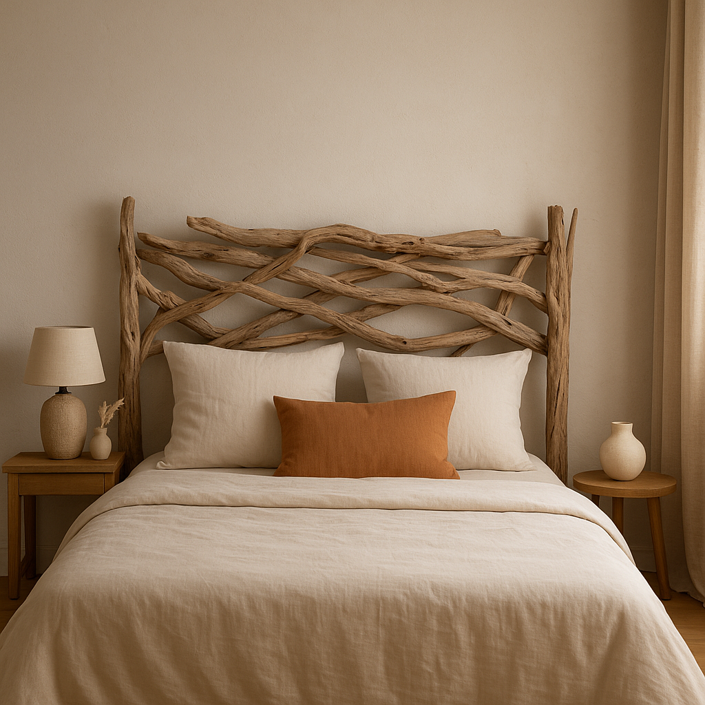 Tête de lit en bois flotté naturel, apportant une ambiance bohème et apaisante à votre chambre à coucher.
