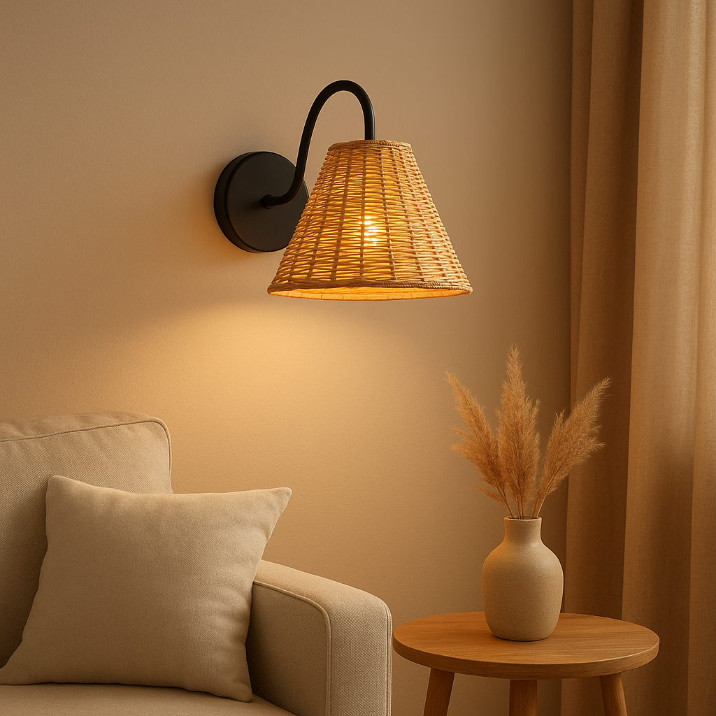 Applique murale en osier tressé, idéale pour une décoration d'intérieur naturelle et chaleureuse.