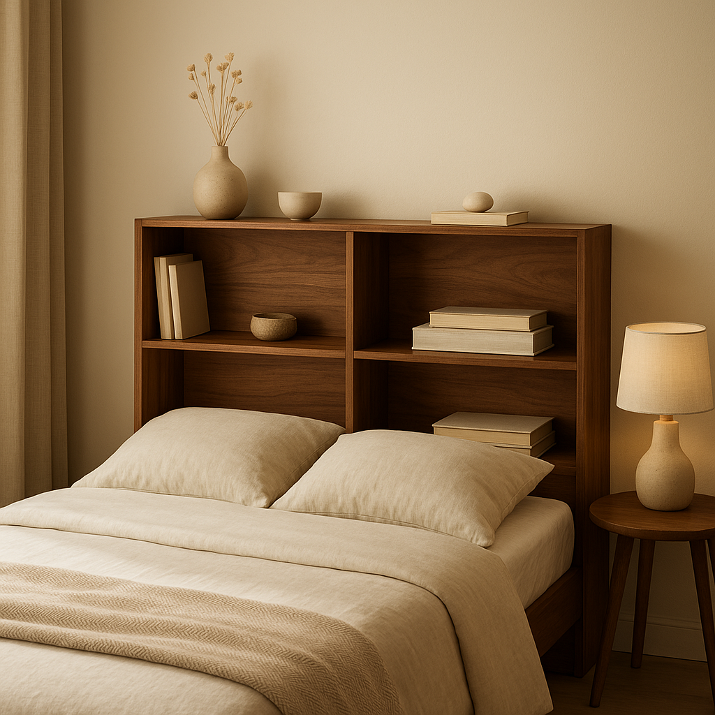 Bibliothèque tête de lit design avec rangements intégrés pour une chambre à coucher pratique et élégante.