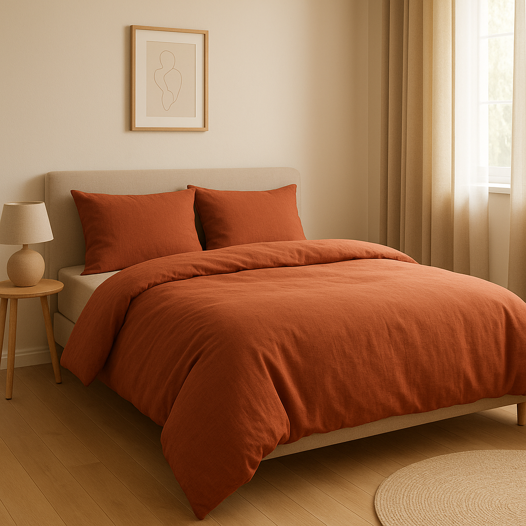 Parure de lit terracotta en lin, couleur terre cuite pour une chambre naturelle et apaisante.
