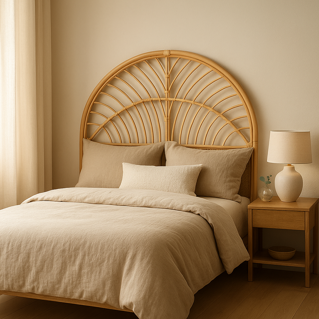 Tête de lit en rotin naturel pour une déco de chambre bohème et naturelle