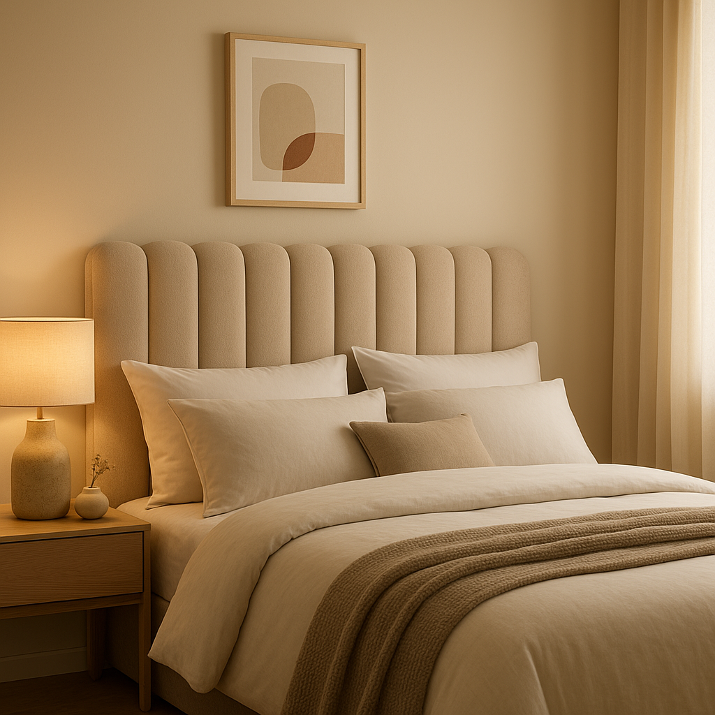 Tête de lit design en tissu avec motifs géométriques pour une chambre moderne