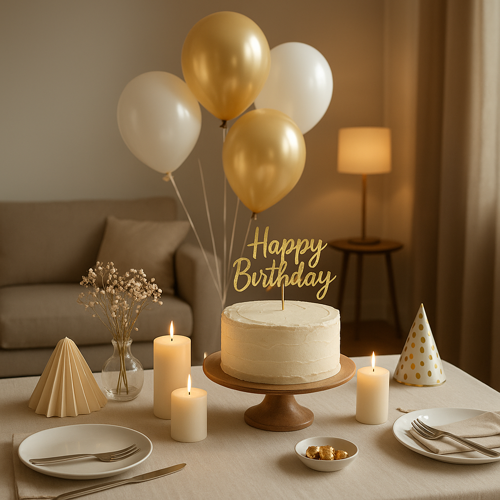 Décoration de table d'anniversaire élégante avec nappe, vaisselle et centre de table festif