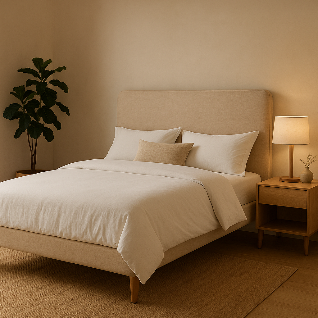 Tête de lit avec chevet intégré en tissu, pour un espace nuit élégant et fonctionnel.