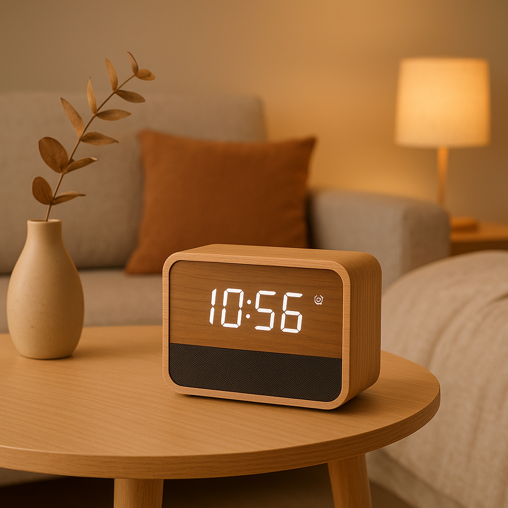 Radio-réveil en bois naturel avec affichage numérique, pour une décoration intérieure chaleureuse