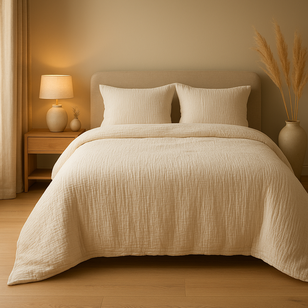 Housse de couette en gaze de coton 240x260, douce et respirante pour un sommeil apaisé.