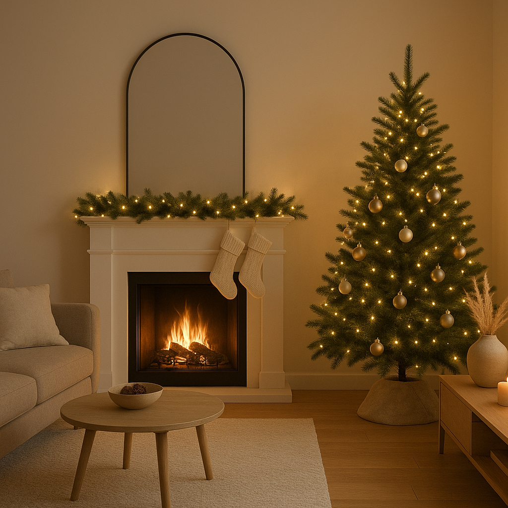 Décoration de cheminée de Noël élégante avec guirlandes, bougies et sapins miniatures