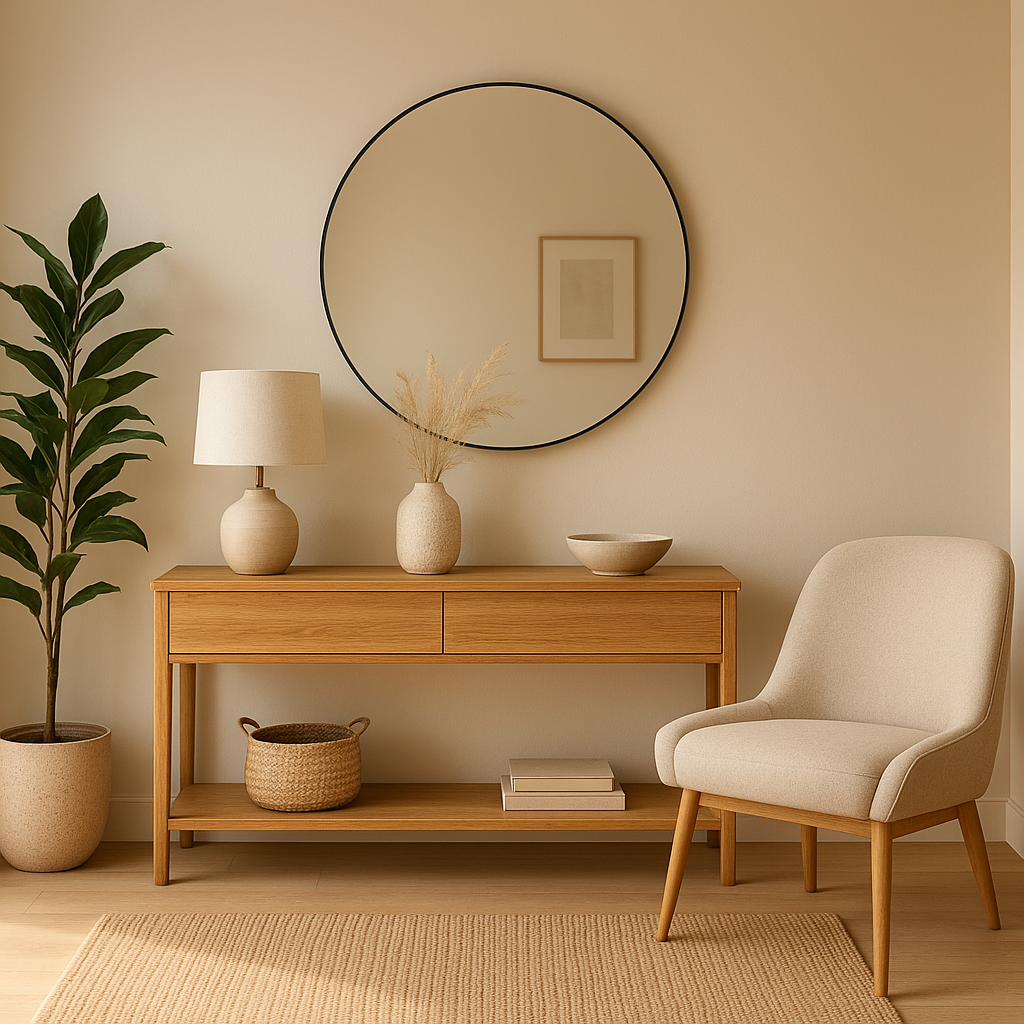 Décoration d'entrée et couloir moderne avec miroir, console et rangement élégant
