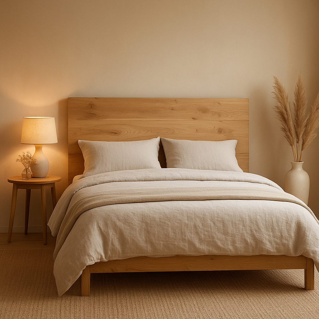 Tête de lit en bois brut massif, design naturel pour chambre épurée et authentique.