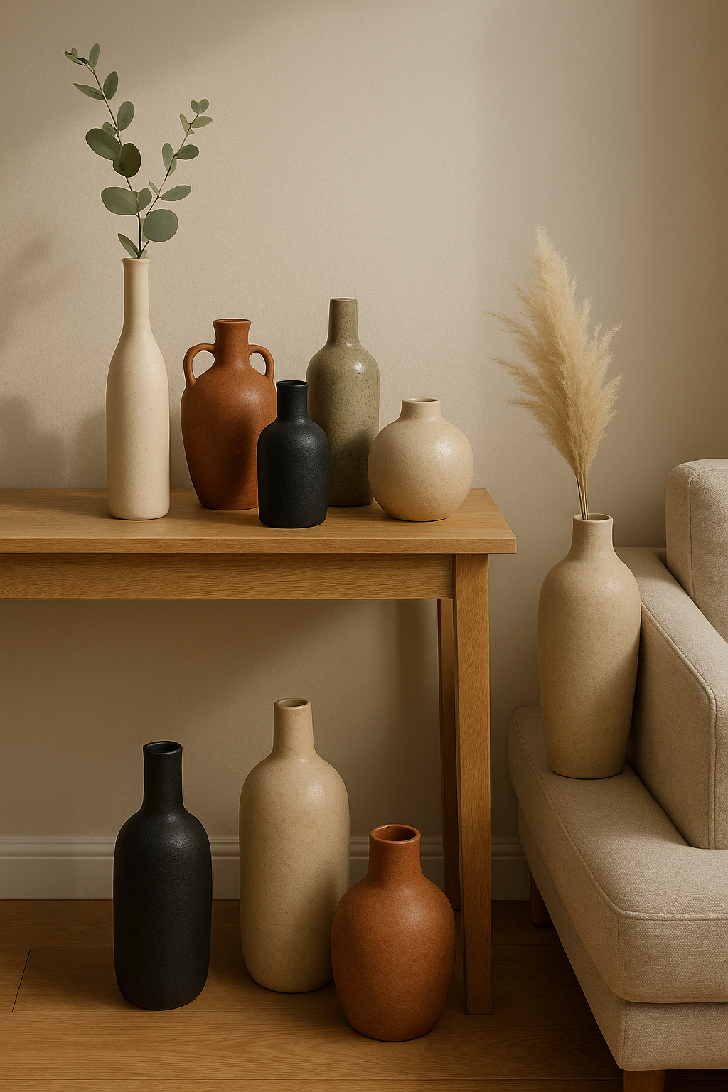 Vase en céramique — ensemble de vases en grès (bouteille, amphore, cylindre) sable, terracotta et noir sur console en bois avec pampas et eucalyptus, style scandinave minimal