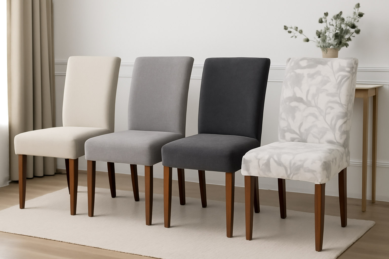 Housses de chaise élégantes de différentes couleurs et textures, placées dans une pièce lumineuse avec des jambes en bois.