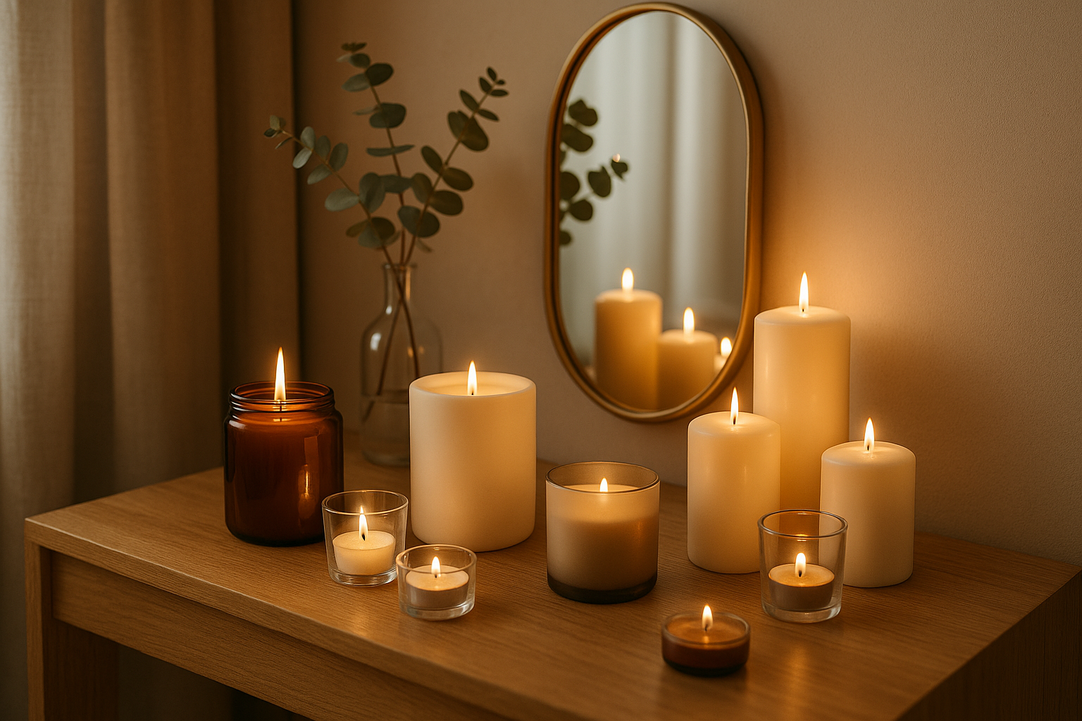 Bougie parfumée — jarre ambrée et bougie pilier sur console en bois avec éteignoir en laiton, eucalyptus et miroir rond, ambiance scandinave chaleureuse