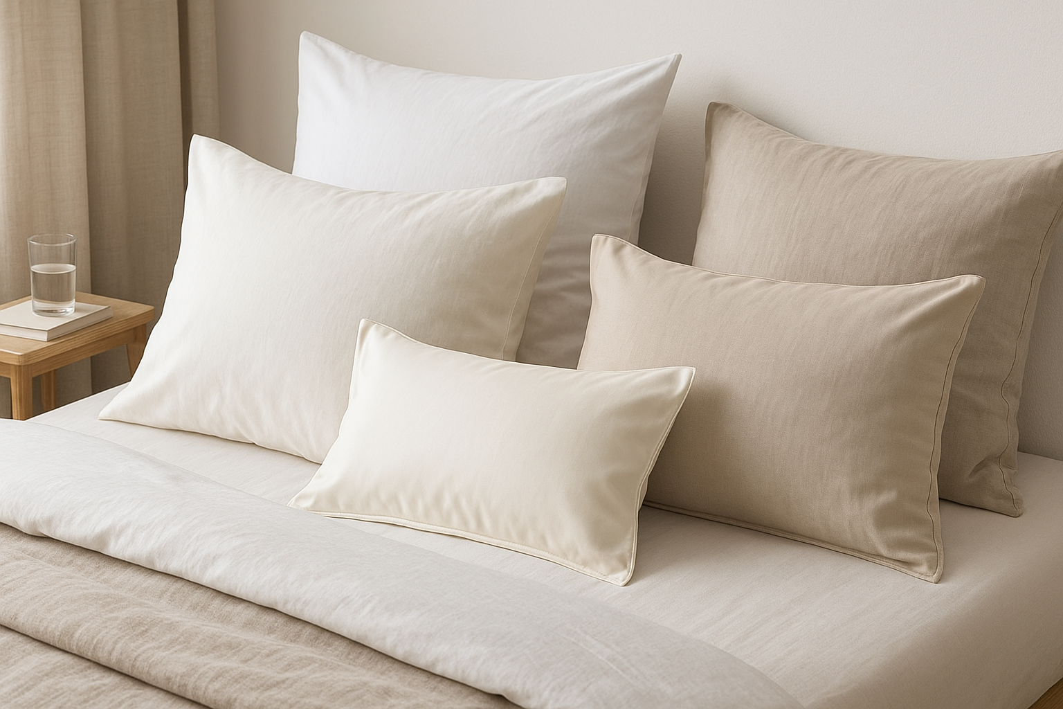Taie d’oreiller — oreillers 65×65 et 50×70 en percale et satin de coton sur lit en lin beige, chambre scandinave lumineuse