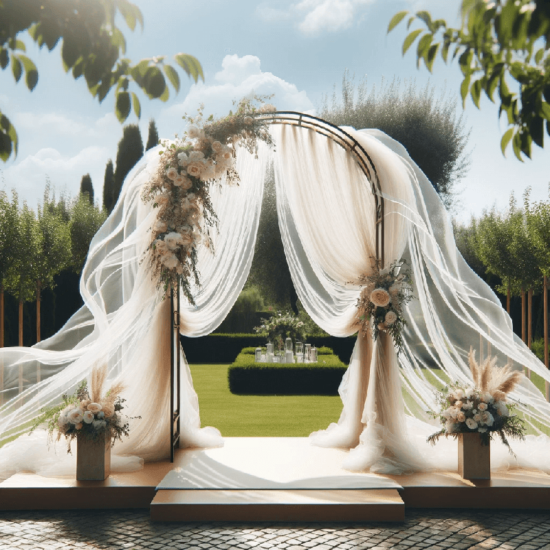 Voilage léger en forme d'arche pour mariage, délicat et aérien, idéal pour une décoration romantique et élégante.