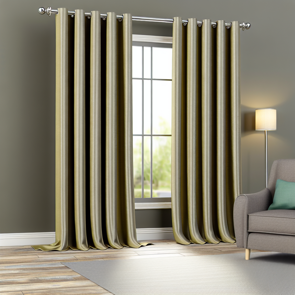 Rideau en tissu doré avec plis réguliers, suspendu à une tringle argentée dans un salon moderne avec mur gris et lampe sur pied.