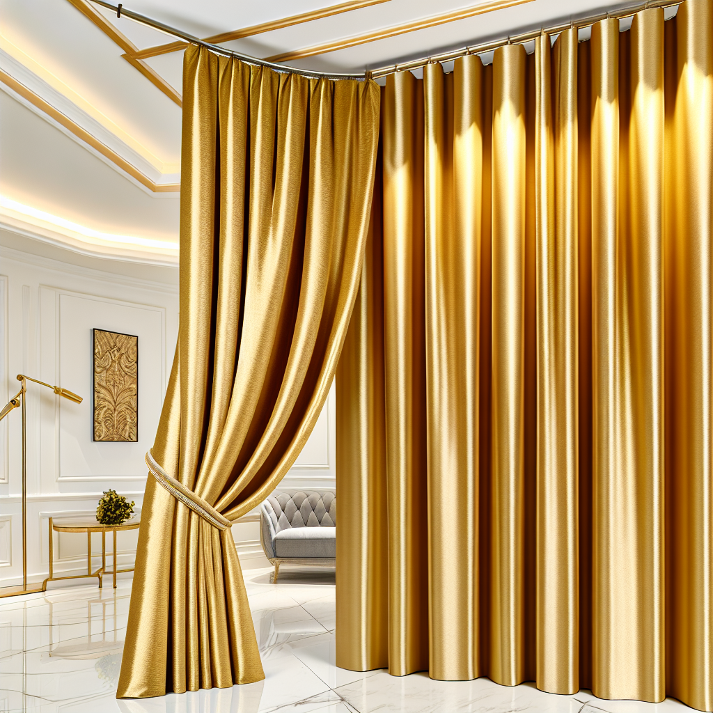 Rideau doré brillant avec plis ondulés, suspendu à une tringle métallique dans un salon élégant aux murs blancs et sol en marbre.