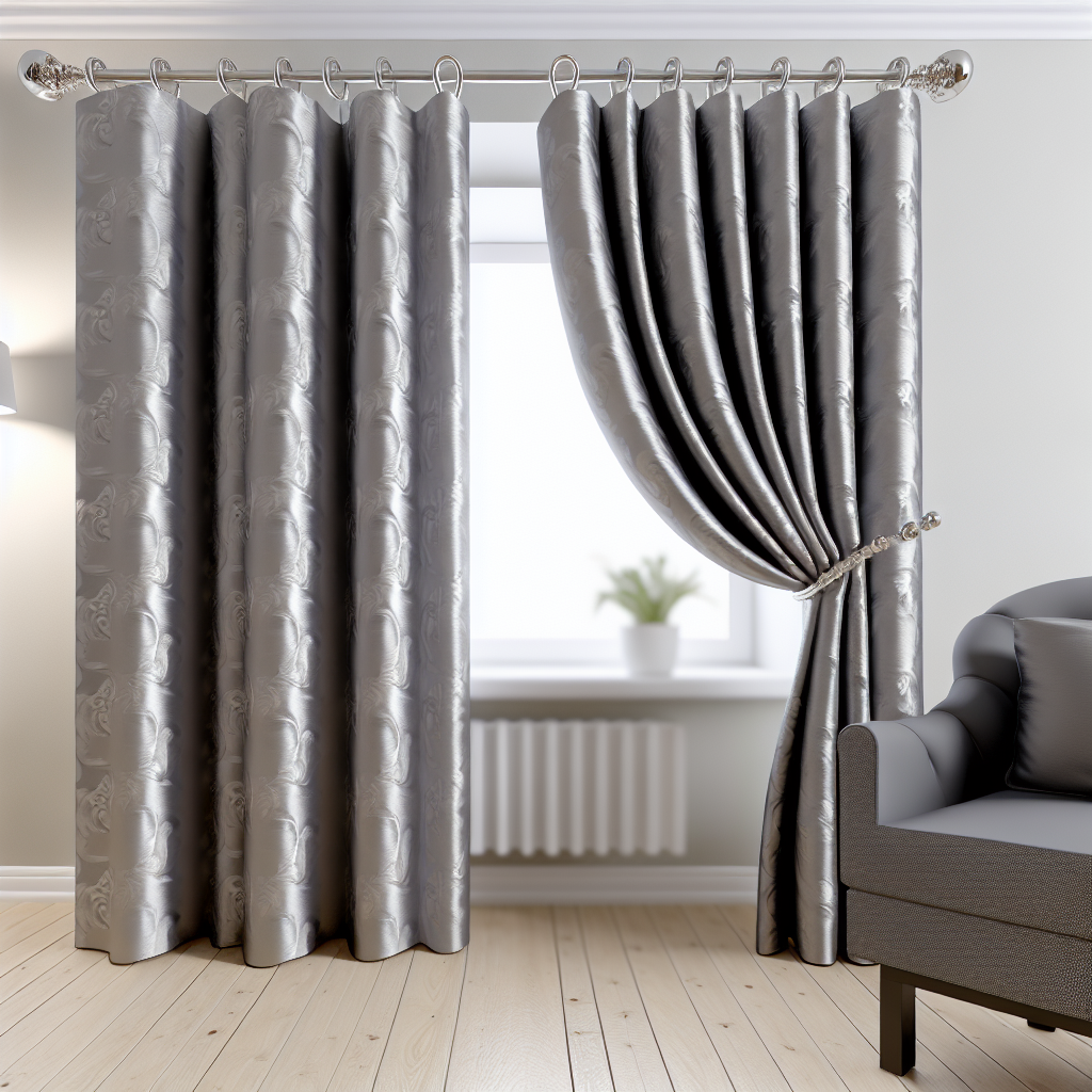 Rideau en tissu gris argenté avec motifs floraux, plis élégants, tringle chromée, dans un salon moderne avec sol en bois clair.