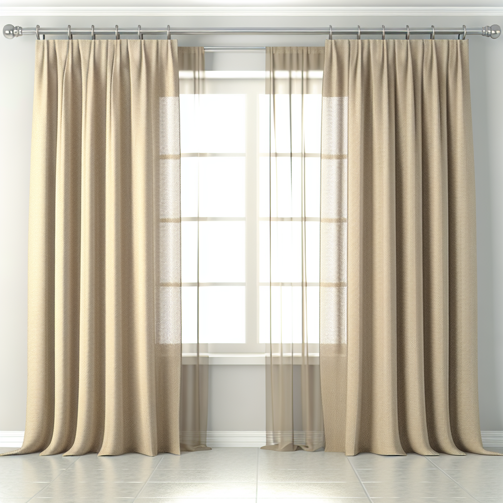 Rideau beige en tissu épais avec plis réguliers, tringle métallique, lumière naturelle filtrant à travers, sol carrelé clair.