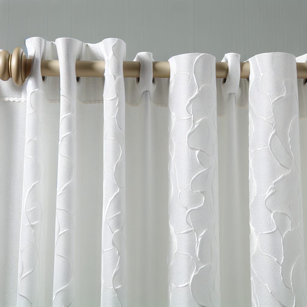 Rideau blanc avec motifs ondulés, tissu semi-transparent, plis réguliers, tringle dorée, dans un environnement neutre et lumineux.