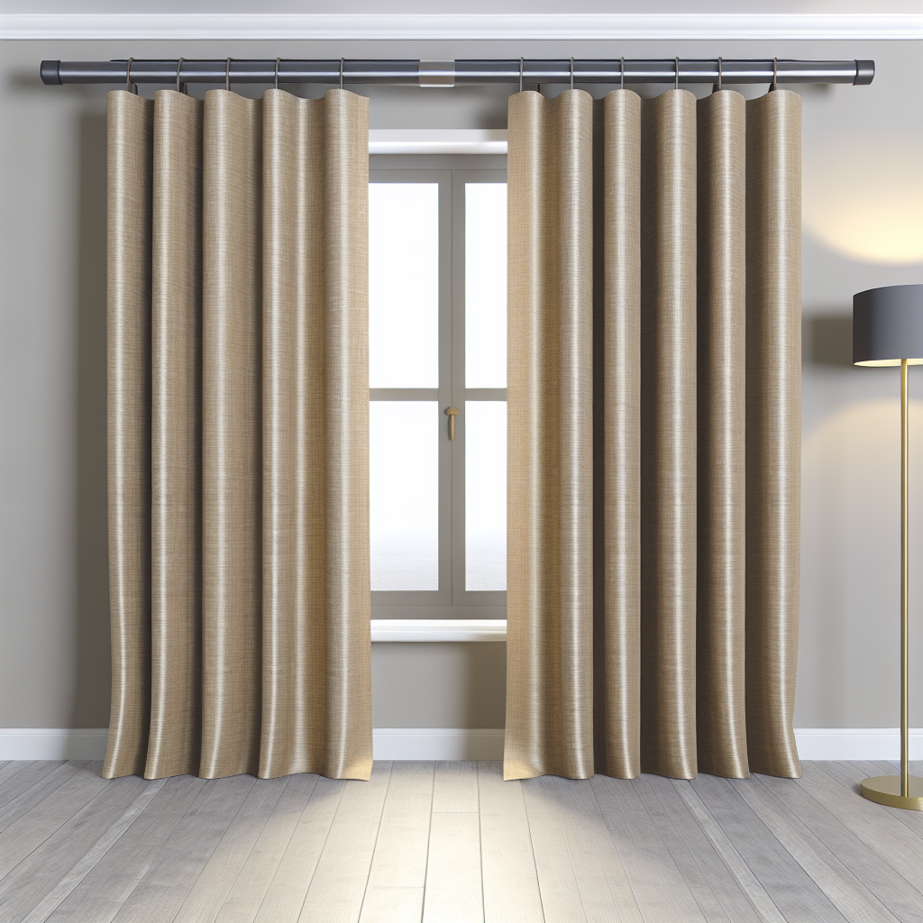Rideau beige texturé avec plis réguliers, suspendu à une tringle métallique noire dans une pièce aux murs gris et sol en bois clair.