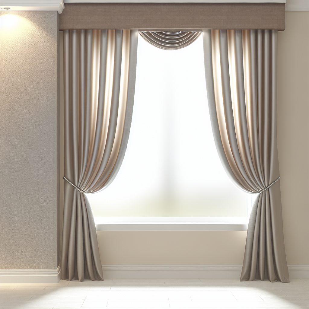 Rideau en satin beige brillant avec plis élégants, attaché par embrasses, tringle cachée, dans une pièce aux murs et sol clairs, éclairag...