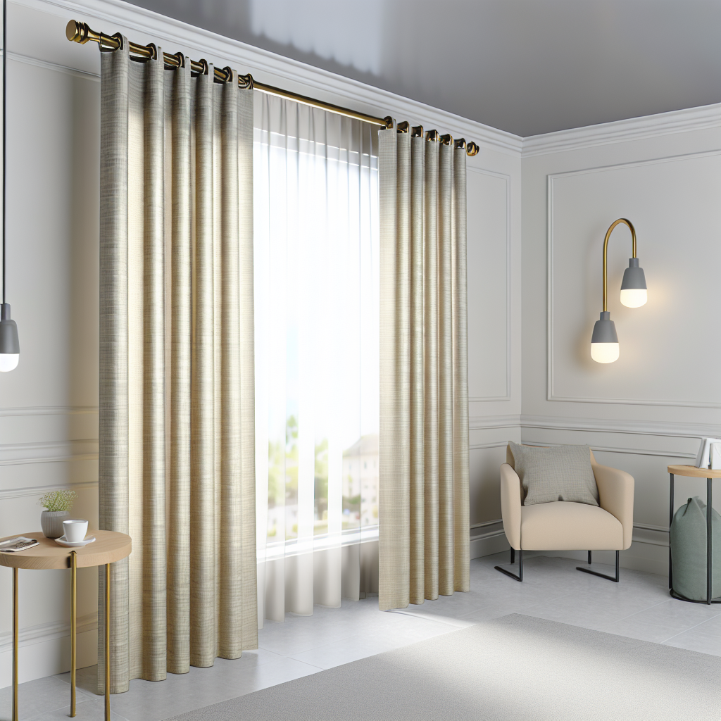 Rideau beige texturé avec plis réguliers, tringle dorée, lumière douce filtrant, dans un salon moderne aux murs blancs et mobilier minima...