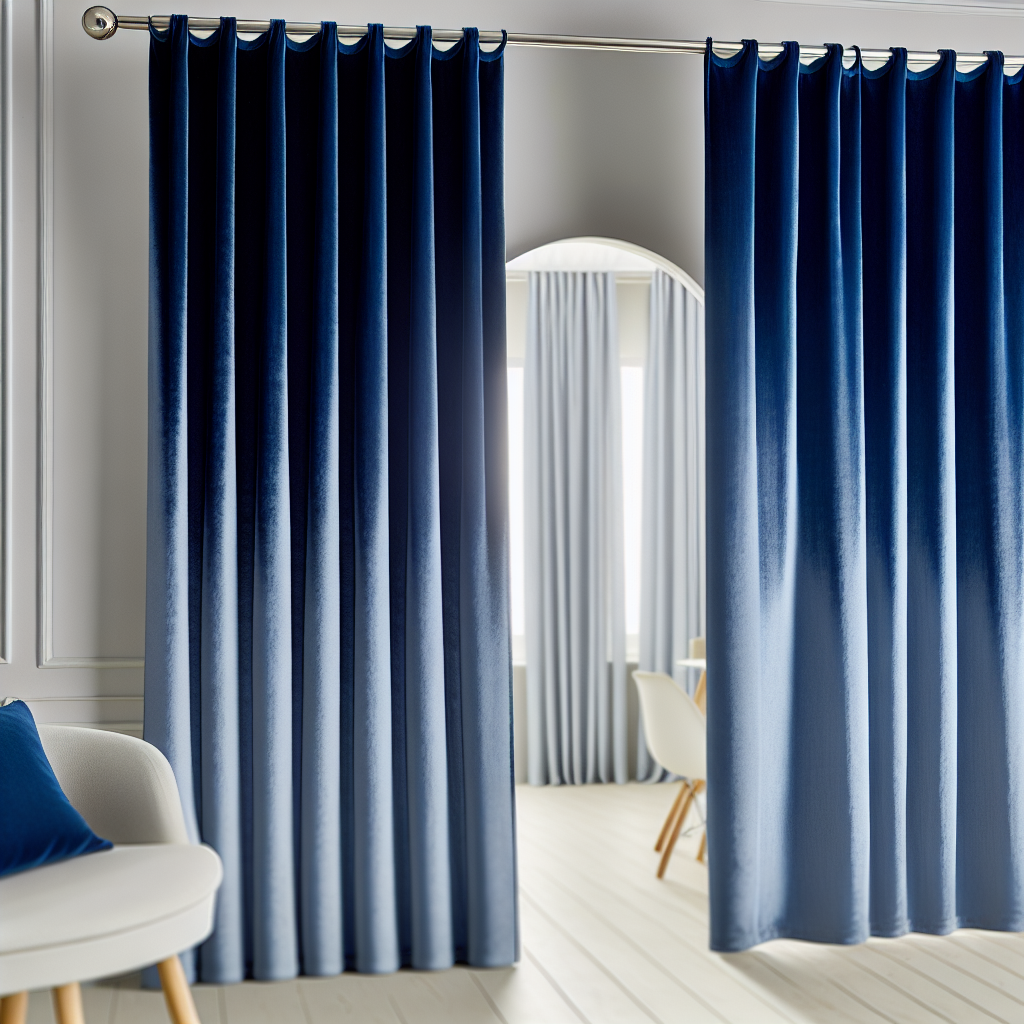 Rideau en velours bleu foncé avec plis réguliers, suspendu à une tringle métallique dans un salon moderne aux murs blancs et sol clair.