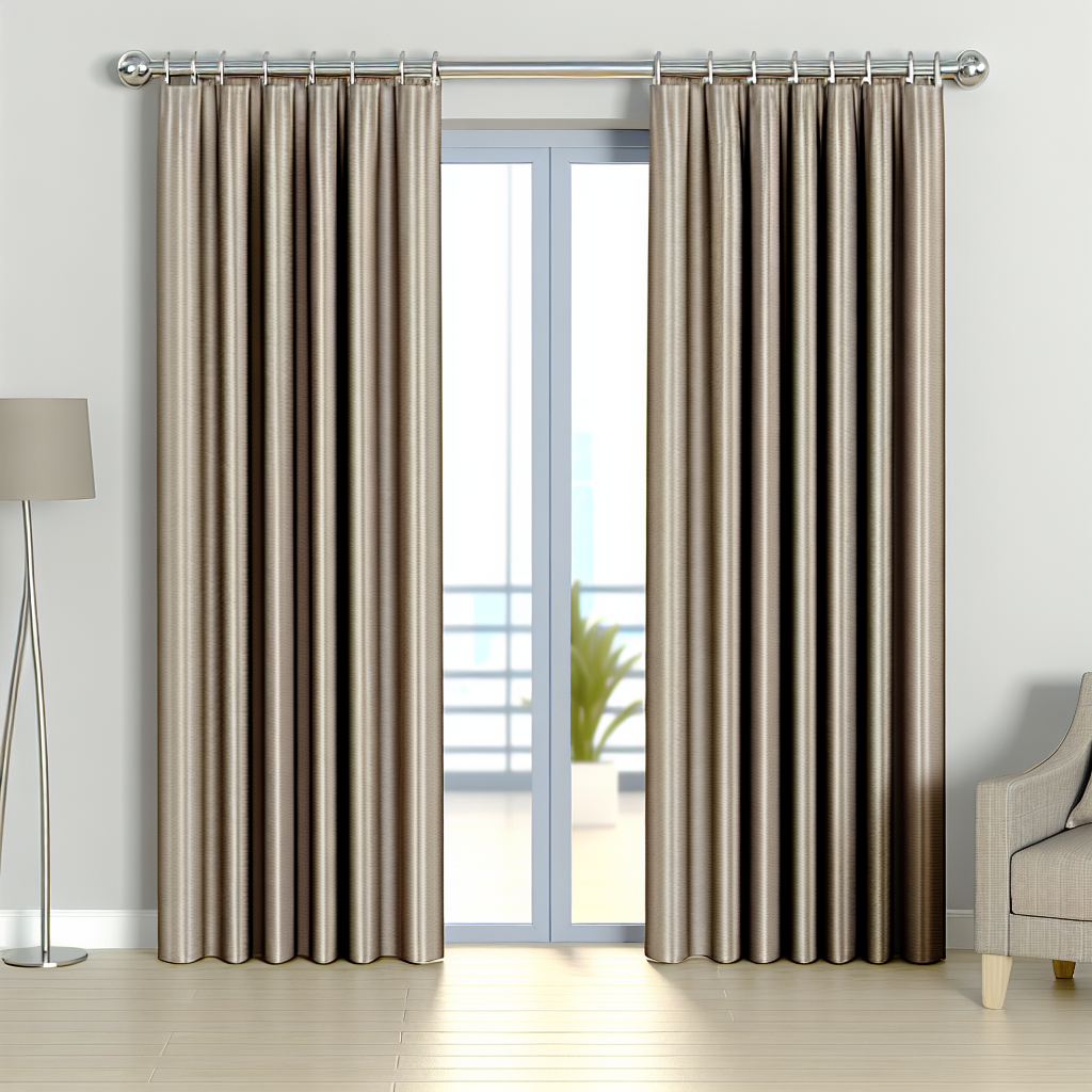 Rideau en tissu beige satiné avec plis réguliers, suspendu à une tringle métallique dans un salon moderne avec sol en bois clair.
