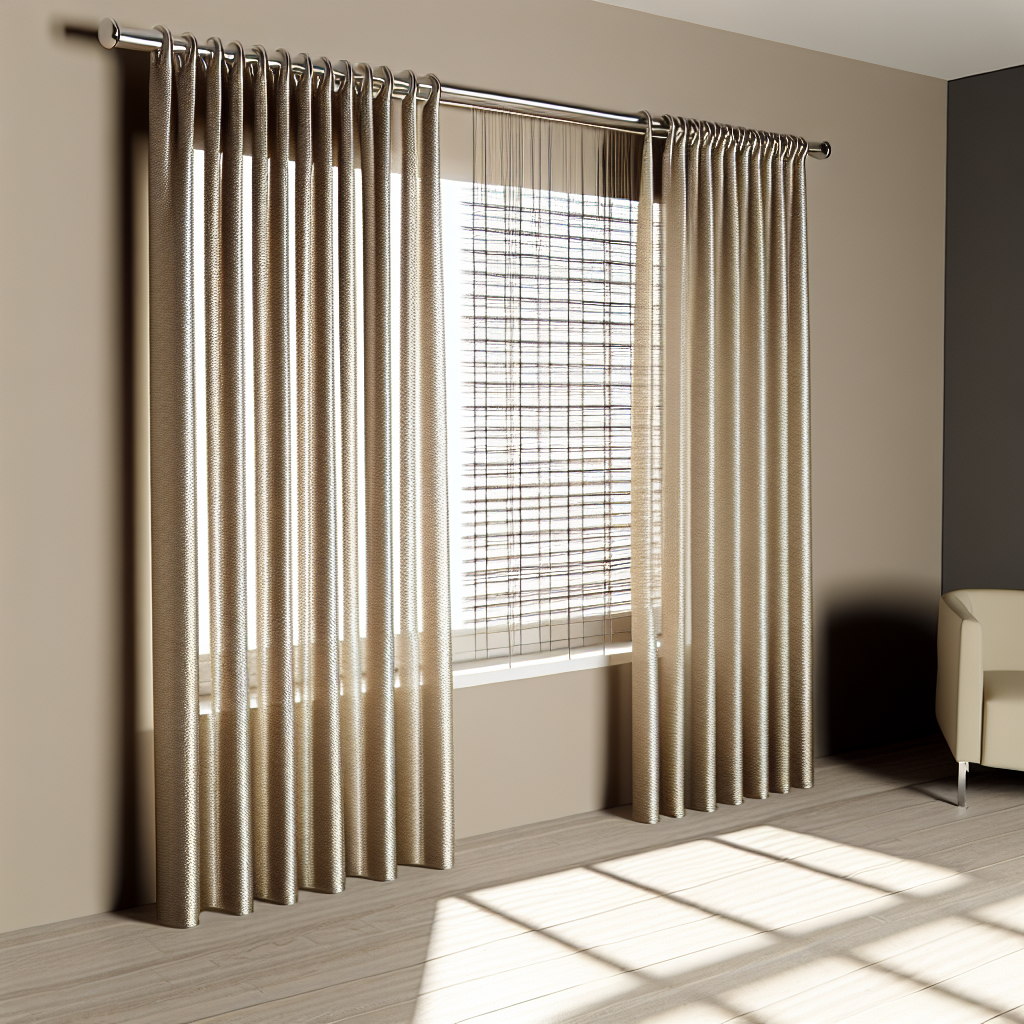 Rideau beige texturé avec plis réguliers, tringle métallique, lumière naturelle filtrant, dans une pièce aux murs taupe et sol en bois cl...