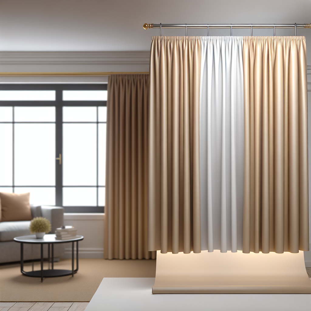Rideau beige et blanc en tissu épais avec plis réguliers, tringle métallique dorée, dans un salon moderne avec canapé gris et table basse.