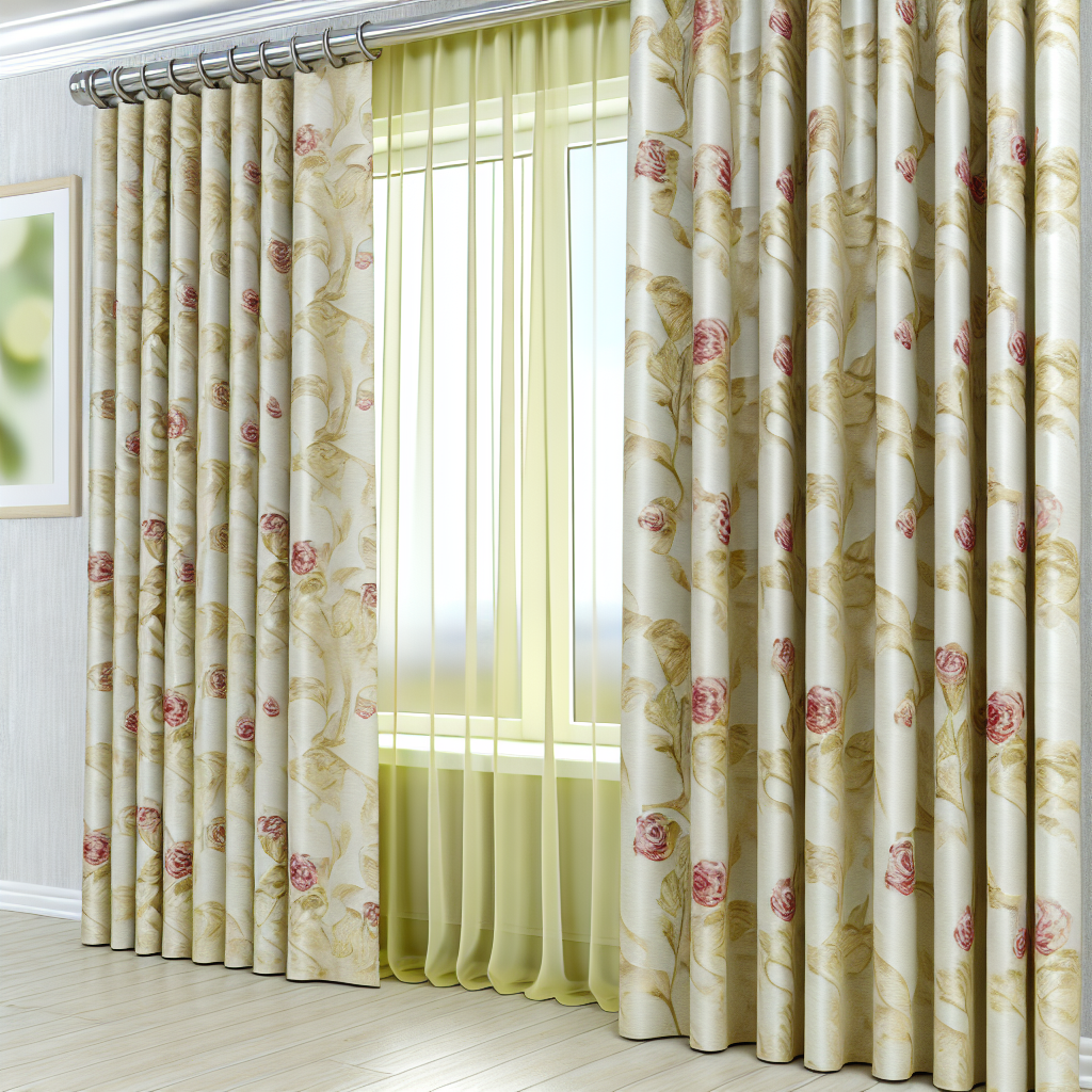 Rideau à motifs floraux roses et verts sur fond beige, plis réguliers, tringle argentée, dans une pièce aux murs clairs et parquet.