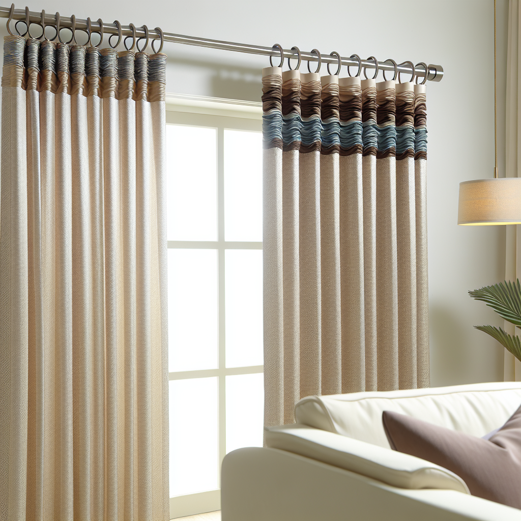 Rideau beige texturé avec bandes bleues et marron, plis droits, tringle métallique, dans salon lumineux avec canapé blanc et lampe.