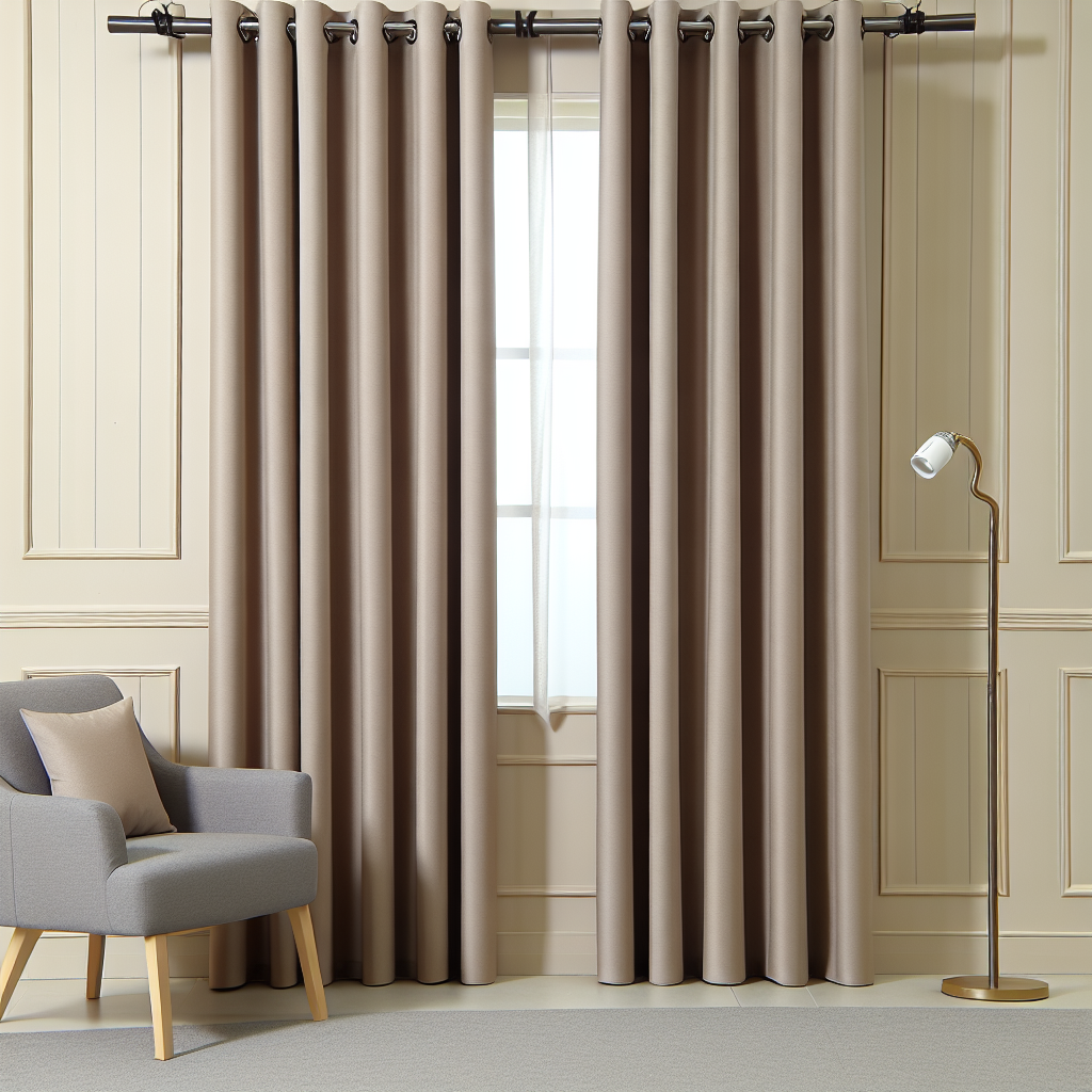 Rideau beige épais avec plis réguliers, tringle noire, dans un salon aux murs crème, fauteuil gris et lampe sur pied.
